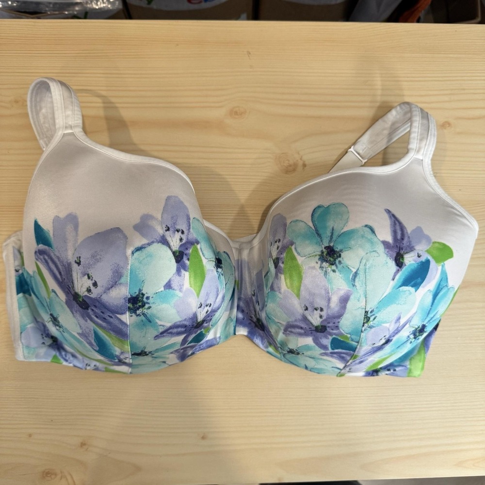 Cacique Bra Womens 44DDD‎ White Floral T Shirt Underwire Lightly Lined Plus Size
